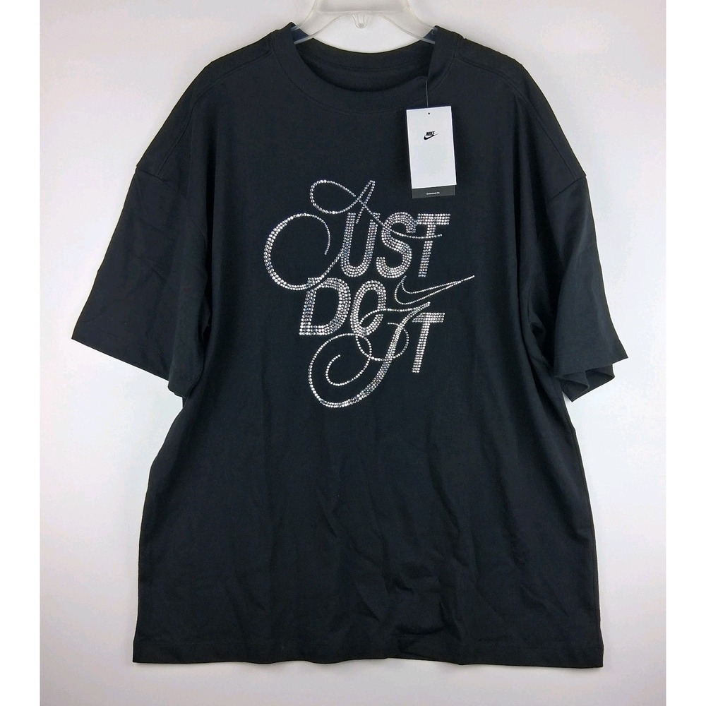 NWT Nike Womens M Black Tee Just Do It Bling Rhinestone Oversized Medium T-Shirt